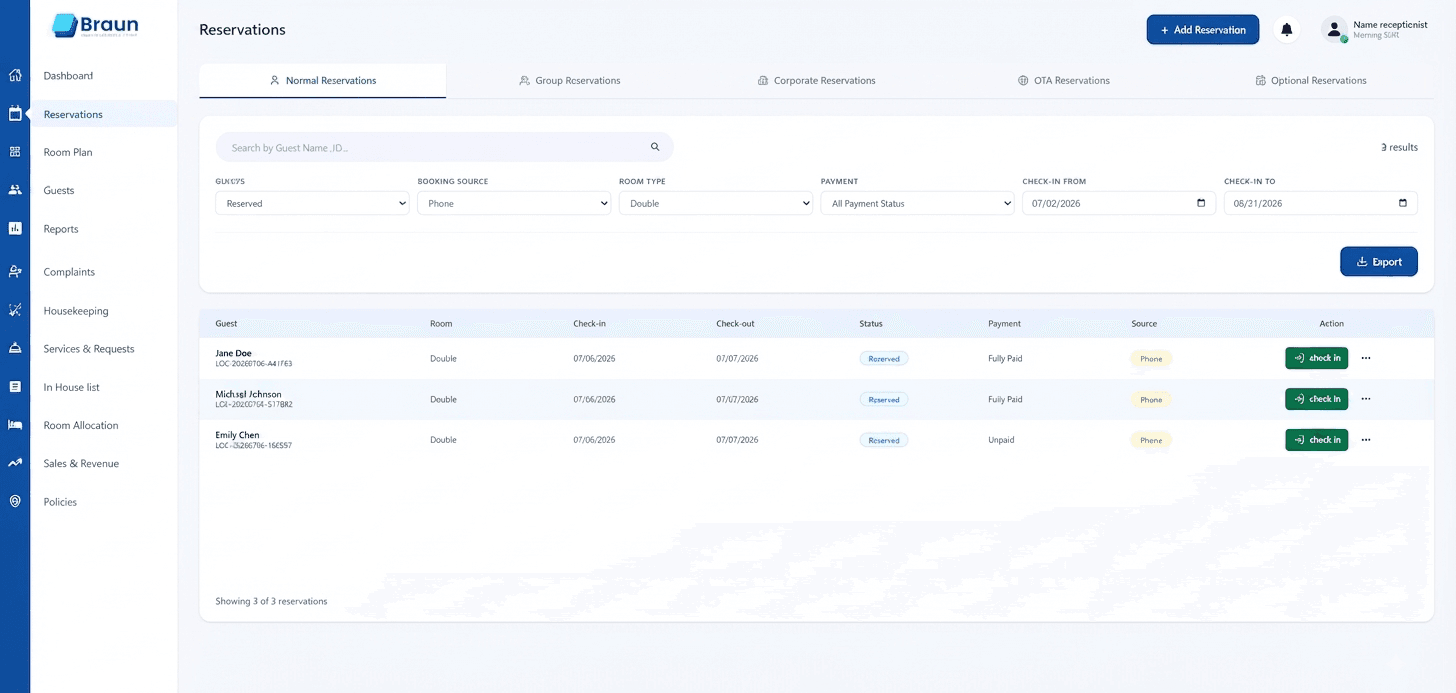 Reservations module preview